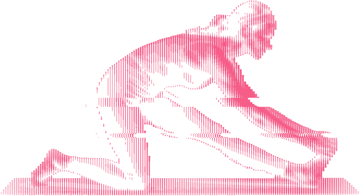 A person on a mat reaching forward, drawn in vertical lines